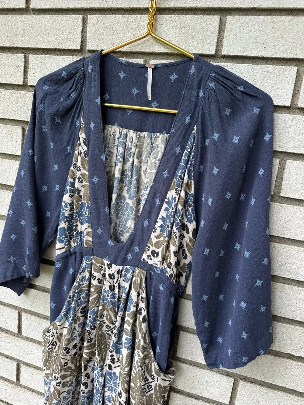 Free People Tululla Floral Patchwork Deep V Boho Mini Tunic Dress XS